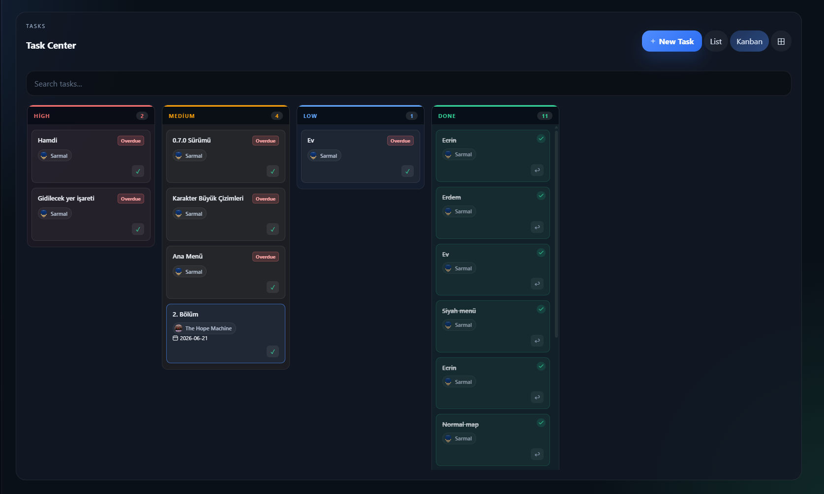 HeraVex Görev Merkezi Kanban görünümü
